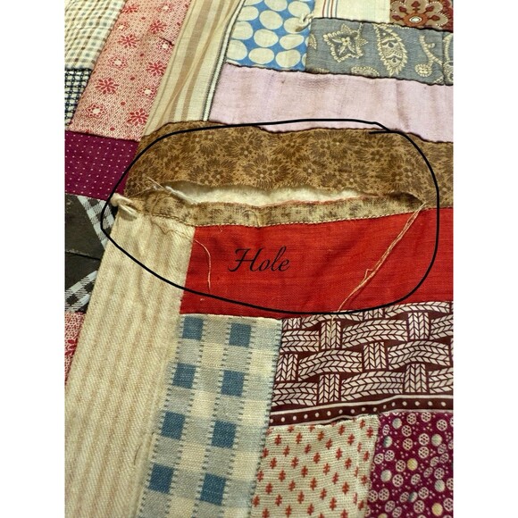 Antique Log Cabin Style Quilt Queen Size 82” X 74” Reversible Red Cream Boxes - Picture 7 of 16